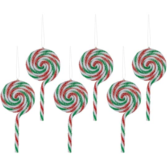 6ct Frosted White Green and Red Lollipop Christmas Ornaments 7"